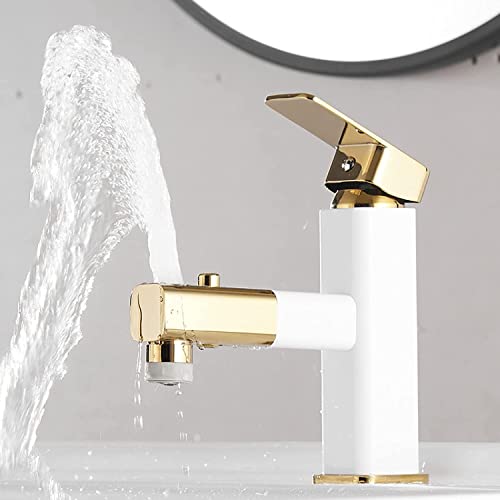 SXLSZ Wasserhahn Bad Ausziehbar Waschtischarmatur mit Handbrause Armatur Einhebelmischer Bad Brause für Waschbecken Armaturen Bad Weiß+Gold,Niedrig von SXLSZ