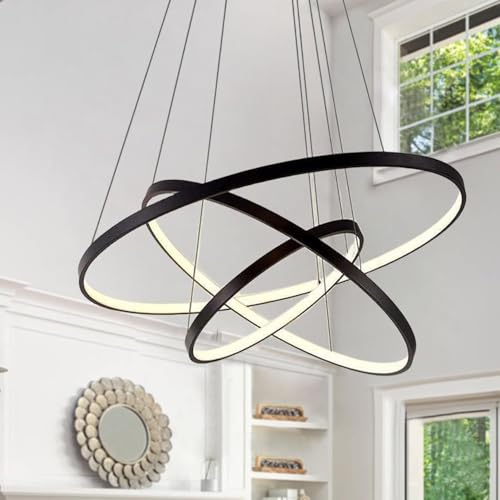SXLXQM Modern Schwarz Hängelampe 115W Dimmbare Runde LED Kronleuchter kreativ 3 Ringe Acryl Pendelleuchten mit Fernbedienung Wohnzimmer Hängeleuchte für Esszimmer droplight von SXLXQM