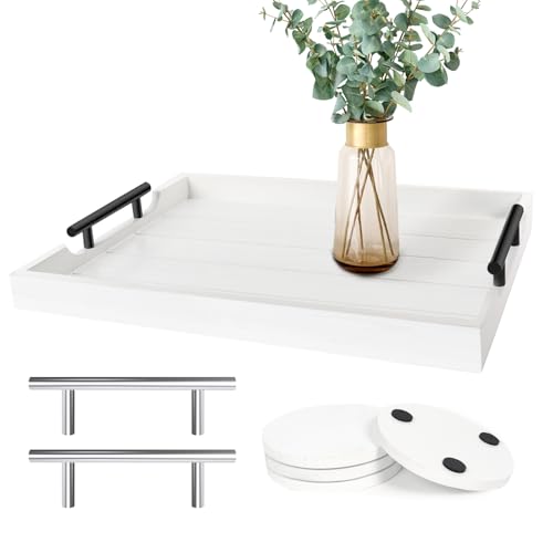 SXNOWS Couchtisch-Tablett – großes Ottoman-Tablett für Wohnzimmer – Serviertablett aus Holz mit Griffen (2 Sets) – Holztablett für Couchtisch, 4 runde Untersetzer im Lieferumfang enthalten, Weiß von SXNOWS