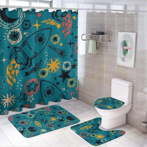 4 teiliges Duschvorhang Set Im Vintage Stil mit Blumenmotiv, Sommer und Strand Badezimmerdeko Set mit Wasserdichtem Duschvorhang, Rutschfestem Teppich(Kids Cartoon Rockets) von SXQCKJ