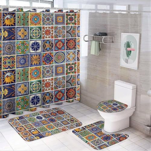 4 teiliges Duschvorhang Set mit Boho Blumenmuster, Geometrisches Marmor Badezimmerdekor Set mit Duschvorhang, Toilettendeckelbezug und Badematte(Boho Flower-4) von SXQCKJ