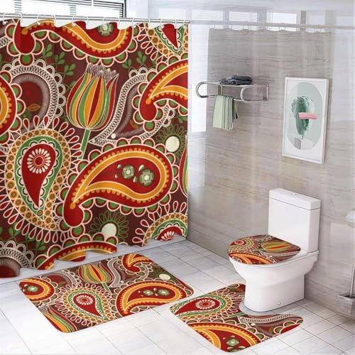 4 teiliges Duschvorhang Set mit Boho Blumenmuster, Geometrisches Marmor Badezimmerdekor Set mit Duschvorhang, Toilettendeckelbezug und Badematte(Boho Tulips Flower) von SXQCKJ