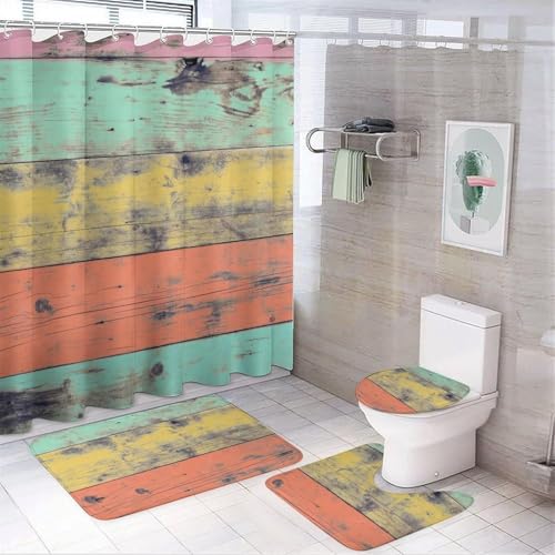 4 teiliges Duschvorhang Set mit Boho Blumenmuster, Geometrisches Marmor Badezimmerdekor Set mit Duschvorhang, Toilettendeckelbezug und Badematte(Colored Wood Grain) von SXQCKJ