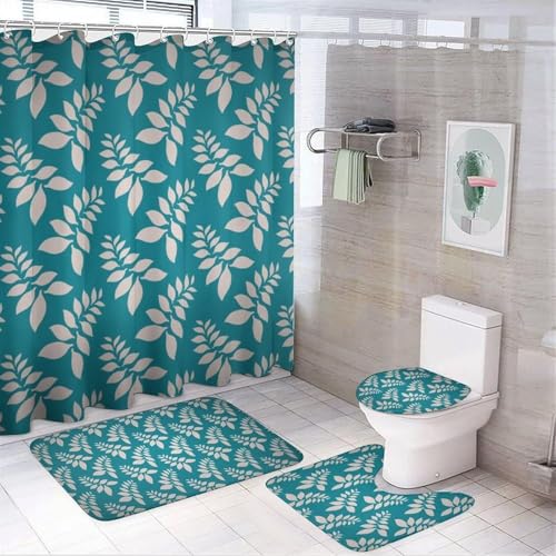 4 teiliges Duschvorhang Set mit Boho Blumenmuster, Geometrisches Marmor Badezimmerdekor Set mit Duschvorhang, Toilettendeckelbezug und Badematte(Fern Leaf) von SXQCKJ