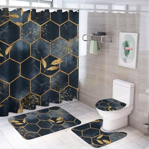 4 teiliges Duschvorhang Set mit Boho Blumenmuster, Geometrisches Marmor Badezimmerdekor Set mit Duschvorhang, Toilettendeckelbezug und Badematte(Gold Black Marble) von SXQCKJ