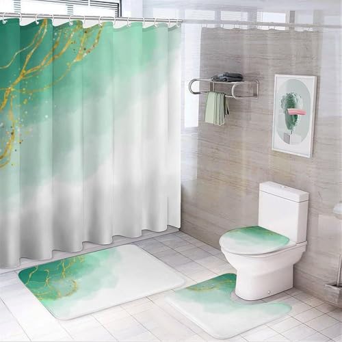 4 teiliges Duschvorhang Set mit Boho Blumenmuster, Geometrisches Marmor Badezimmerdekor Set mit Duschvorhang, Toilettendeckelbezug und Badematte(Green Marble-2) von SXQCKJ