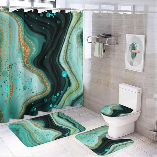 4 teiliges Duschvorhang Set mit Boho Blumenmuster, Geometrisches Marmor Badezimmerdekor Set mit Duschvorhang, Toilettendeckelbezug und Badematte(Green Marble-6) von SXQCKJ