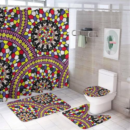 4 teiliges Duschvorhang Set mit Boho Blumenmuster, Geometrisches Marmor Badezimmerdekor Set mit Duschvorhang, Toilettendeckelbezug und Badematte(Mandala Pattern) von SXQCKJ