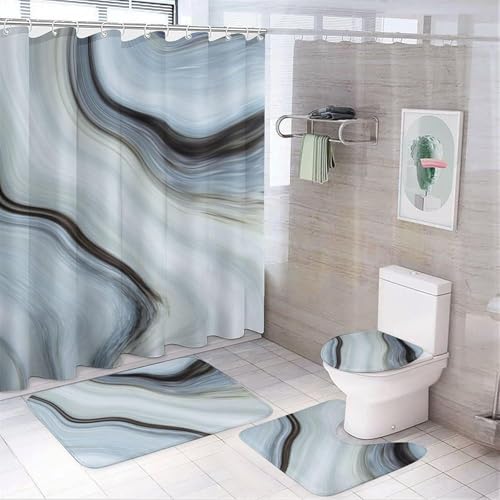 4 teiliges Duschvorhang Set mit Geriffeltem Marmor, Modernes Badezimmerdekor Set mit Duschvorhang, Teppich, Toilettendeckelbezug und Badematte(Grey White Marble-1) von SXQCKJ