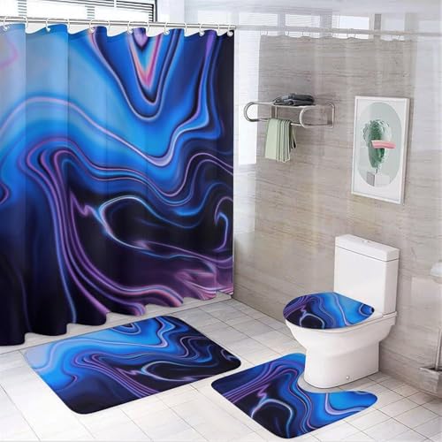 4 teiliges Duschvorhang Set mit Geriffeltem Marmor, Modernes Badezimmerdekor Set mit Duschvorhang, Teppich, Toilettendeckelbezug und Badematte(Purple Blue Marble) von SXQCKJ