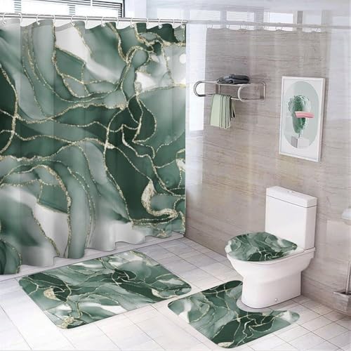 Duschvorhang Set mit Floralen Fliesen und Marmormotiven, 4 teilig, Boho Vintage Badezimmerdeko Set mit Duschvorhang, Teppich, Toilettendeckelbezug und Badematte(Green Gold Marble-1) von SXQCKJ