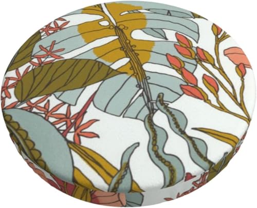 Runder Barhocker Kissenbezug mit Blumenmuster, Retro Boho Samt Hocker Schonbezug, Elastischer Randbezug(Blue Leaves,13 inch) von SXQCKJ