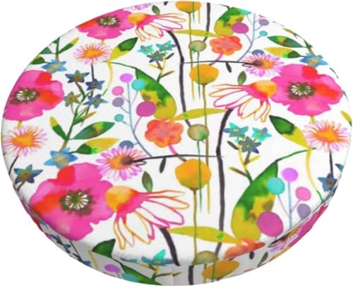 SXQCKJ Boho Samt Sitzkissenbezug für Runde Barhocker, Sitzkissenbezug mit Elastischem Rand und Aquarellblumenmotiv, Waschbarer, Weicher Hockerbezug(Pink Flower,13 inch) von SXQCKJ