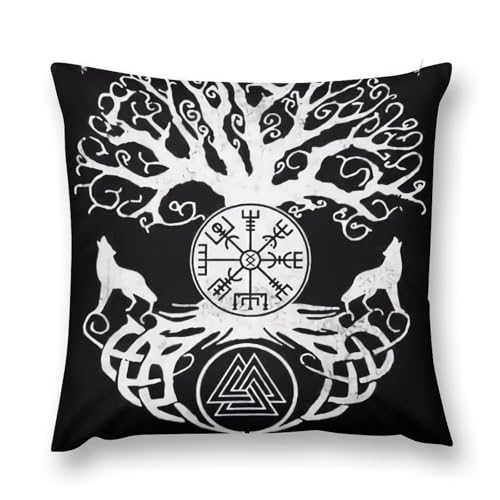 SXQCKJ Dekorativer Quadratischer Kissenbezug Im Wikinger-Design Im Vintage-Stil Mit Wolf, Kissenbezug für Draußen Mit Odin und Rabe(Style5,40 * 40cm) von SXQCKJ