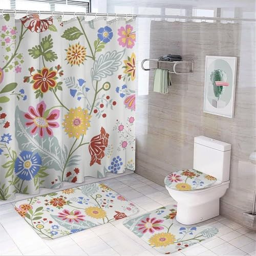 SXQCKJ Ensemble de 4 Rideaux de Douche Style Bohème À Fleurs Colorées, Décoration de Salle de Bain À Motif Floral Champêtre Avec Rideau de Douche, Tapis Antidérapant(Abstract Flower) von SXQCKJ