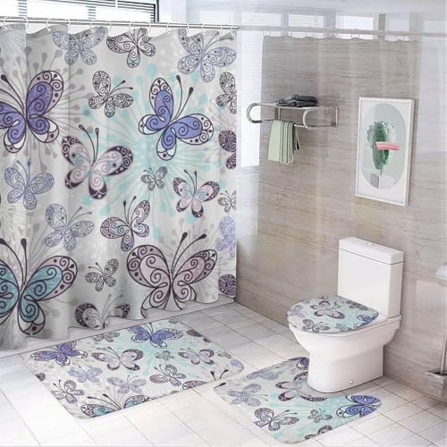 SXQCKJ Ensemble de 4 Rideaux de Douche Style Bohème À Fleurs Colorées, Décoration de Salle de Bain À Motif Floral Champêtre Avec Rideau de Douche, Tapis Antidérapant(Art Butterfly Flower) von SXQCKJ