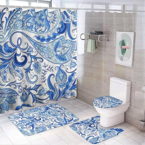 SXQCKJ Ensemble de 4 Rideaux de Douche Style Bohème À Fleurs Colorées, Décoration de Salle de Bain À Motif Floral Champêtre Avec Rideau de Douche, Tapis Antidérapant(Boho Blue Flower) von SXQCKJ