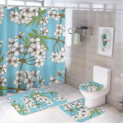 SXQCKJ Ensemble de 4 Rideaux de Douche Style Bohème À Fleurs Colorées, Décoration de Salle de Bain À Motif Floral Champêtre Avec Rideau de Douche, Tapis Antidérapant(Cherry Blossom) von SXQCKJ