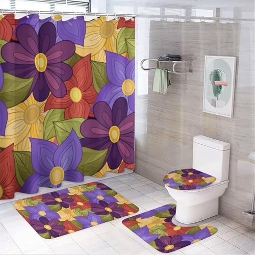 SXQCKJ Ensemble de 4 Rideaux de Douche Style Bohème À Fleurs Colorées, Décoration de Salle de Bain À Motif Floral Champêtre Avec Rideau de Douche, Tapis Antidérapant(Colorful Flowers) von SXQCKJ