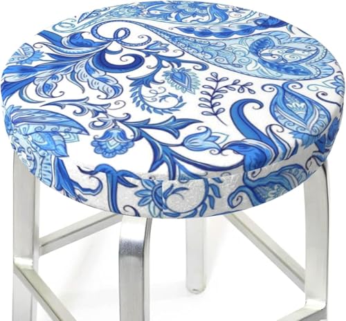 SXQCKJ Runder Barhocker Kissenbezug mit Blumenmuster und Elastischem Rand, Waschbarer Samt Hockerbezug, Boho Barhocker Schutz(Boho Blue Flower,12 inch) von SXQCKJ