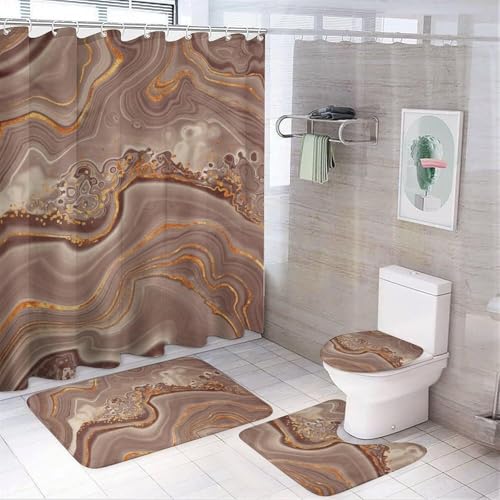 SXQCKJ Sommerfarbener Marmor-Duschvorhang, 4-teiliges Set, Modernes Badezimmer-Dekor-Set Mit Wasserdichtem Duschvorhang, Rutschfestem Teppich, Toilettendeckelbezug(Style15) von SXQCKJ