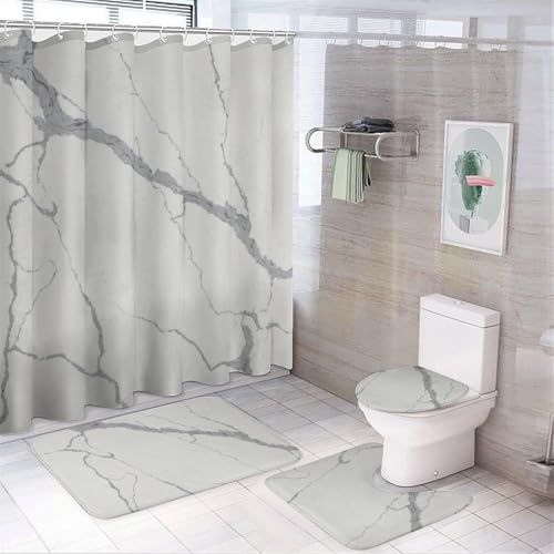 SXQCKJ Sommerfarbener Marmor-Duschvorhang, 4-teiliges Set, Modernes Badezimmer-Dekor-Set Mit Wasserdichtem Duschvorhang, Rutschfestem Teppich, Toilettendeckelbezug(Style4) von SXQCKJ