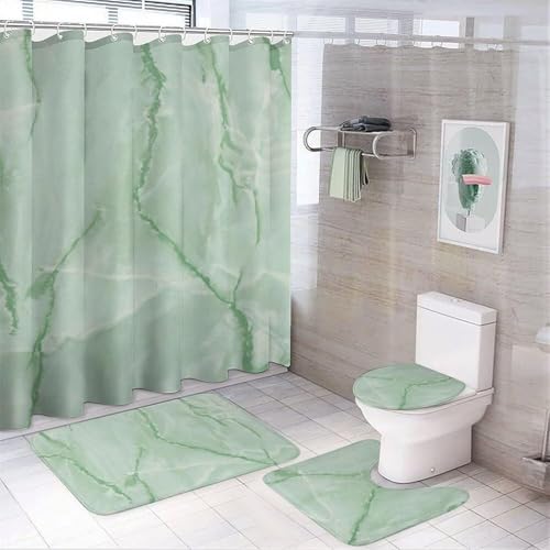 SXQCKJ Sommerfarbener Marmor-Duschvorhang, 4-teiliges Set, Modernes Badezimmer-Dekor-Set Mit Wasserdichtem Duschvorhang, Rutschfestem Teppich, Toilettendeckelbezug(Style8) von SXQCKJ