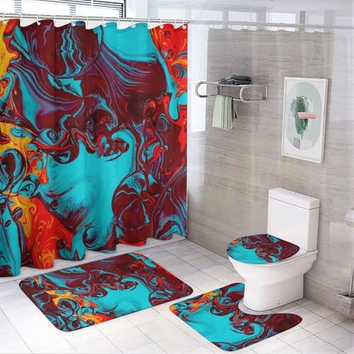 SXQCKJ Sommerfarbener Marmor-Duschvorhang, 4-teiliges Set, Modernes Badezimmer-Dekor-Set Mit Wasserdichtem Duschvorhang, Rutschfestem Teppich, Toilettendeckelbezug(Style9) von SXQCKJ