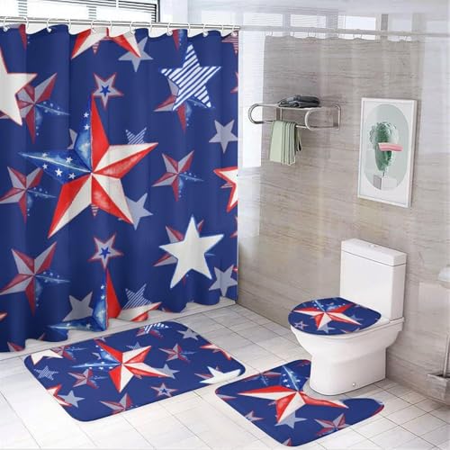SXQCKJ Sommerliches, Modernes, Schlichtes Marmor Duschvorhang Set, Wasserdicht, 4 teilig, mit Duschvorhang, Rutschfestem Teppich, Toilettendeckelbezug, Badematte(Independence Day Flag) von SXQCKJ