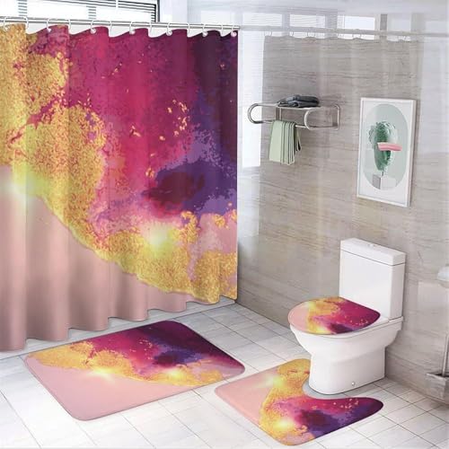 SXQCKJ Sommerliches, Modernes, Schlichtes Marmor Duschvorhang Set, Wasserdicht, 4 teilig, mit Duschvorhang, Rutschfestem Teppich, Toilettendeckelbezug, Badematte(Marble-2) von SXQCKJ