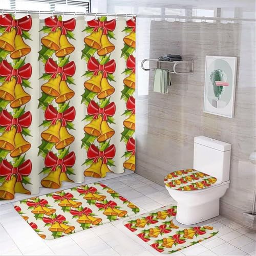 Weihnachtsrotes Duschvorhang Set, 4 teilig, Weihnachtsdeko Set mit Wasserdichtem Duschvorhang, Rutschfestem Teppich, Toilettendeckelbezug und Badematte(Xmas Christmas-8) von SXQCKJ