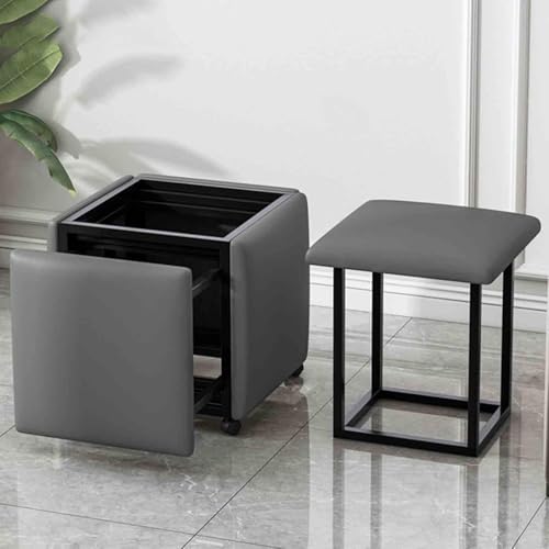 SXRLOZ 5 in 1 Nesting Ottoman Cube Chair, stapelbare Hocker, Home Sofa Dining Magic Cube Hocker mit Nappaleder Sitz, Kohlenstoffstahlrahmen und Räder ﻿(Gray,35x35x35 cm) von SXRLOZ
