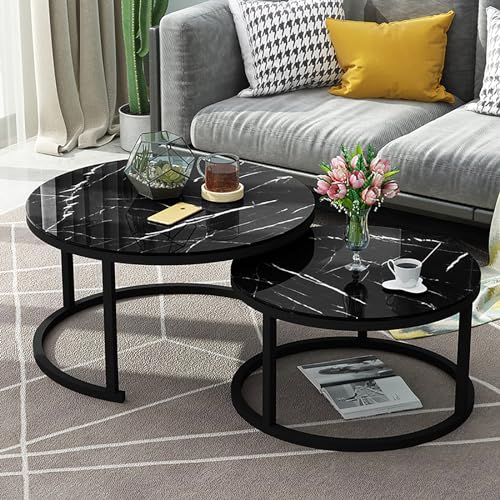 Runder Couchtisch, 2er-Set, stapelbar, moderner Cocktailtisch, kreisförmige Mitte für Wohnzimmer, Schlafzimmer mit Metallrahmen (Farbe: Schwarzer Rahmen + Stil A) von SXSCARKX