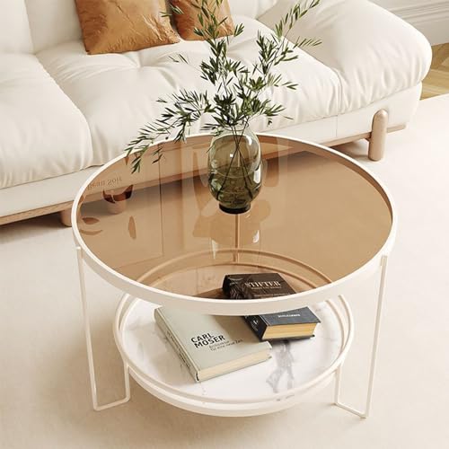 SXSCARKX Runder, moderner, Schlichter Couchtisch aus gehärtetem Glas für Wohnzimmer, Esszimmer, Teezimmer, Heimdekoration mit Metallrahmen (Farbe: Braun + Weiß, Größe: 60 x 45 cm) von SXSCARKX