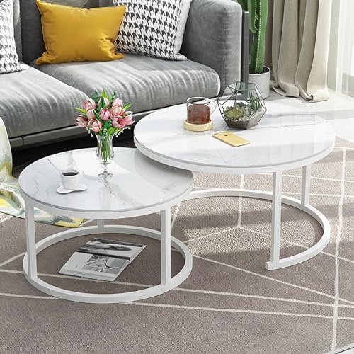 SXSCARKX Runder Couchtisch, 2er-Set, stapelbar, moderner Cocktailtisch, kreisförmige Mitte für Wohnzimmer, Schlafzimmer mit Metallrahmen (Farbe: weißer Rahmen + Stil B) von SXSCARKX