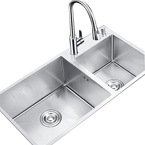 Edelstahlküche, große Größe, silbernes Restaurant, Doppelschüssel mit ausziehbarem Wasserhahn (Farbe: Silber, 80 x 45 x 23 cm) von SXSLTSA