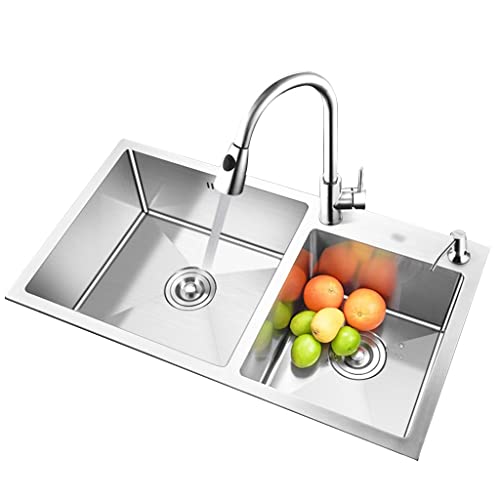 Küchenwaschbecken, Doppelbecken, Edelstahl-Paket mit Wasserhahn, Restaurant-Geschirrspüler, große Größe, 4 mm verdickte Platte (Farbe: Silber, 72 x 40 cm) von SXSLTSA