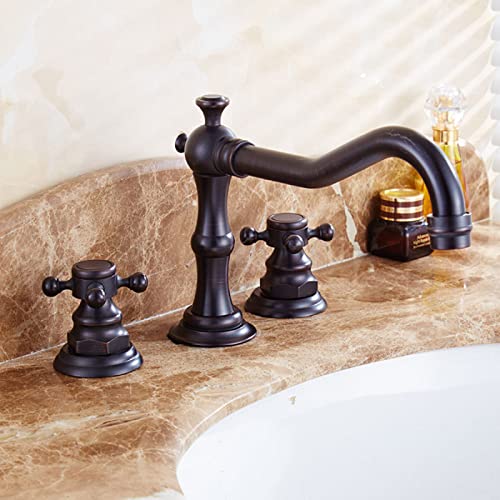 SXSLTSA Badezimmerarmaturen Retro, Messing Warm- und Kaltwasser-Waschtischarmatur, 2-Griff-Wasserhahn, 3-Loch-Wasserhähne, Doppelkreuzgriff Schwarz von SXSLTSA
