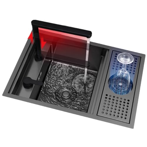 SXSLTSA Bar mit Deckel, Edelstahl 304, unsichtbar, schwarz, Einzelschüssel, Tassenwaschmaschine, anhebbarer Wasserhahn (55 x 32 cm) von SXSLTSA