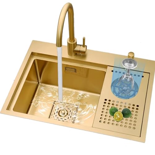 SXSLTSA Goldene Küche mit Tassenwaschstange, kleine Einzelschüssel, Edelstahl-Abdeckung, Wasserhahn (60 x 43 cm) von SXSLTSA