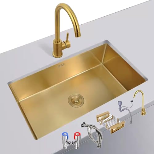 SXSLTSA Goldener Einzelbecken-Küchenhahn aus Edelstahl 304, eingebettetes komplettes Zubehör (78 x 43 x 20 cm) von SXSLTSA