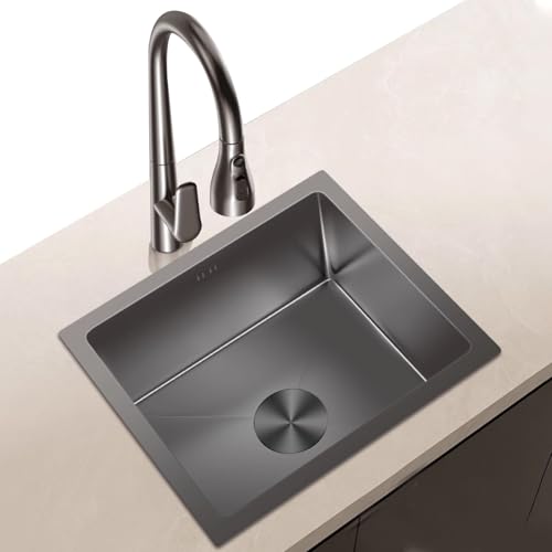 SXSLTSA Graue kleine Küchen-Einbau-Einzelbeckenbar, ausziehbarer Wasserhahn, Unterbau-Komplettzubehör (38 x 25 x 21 cm) von SXSLTSA