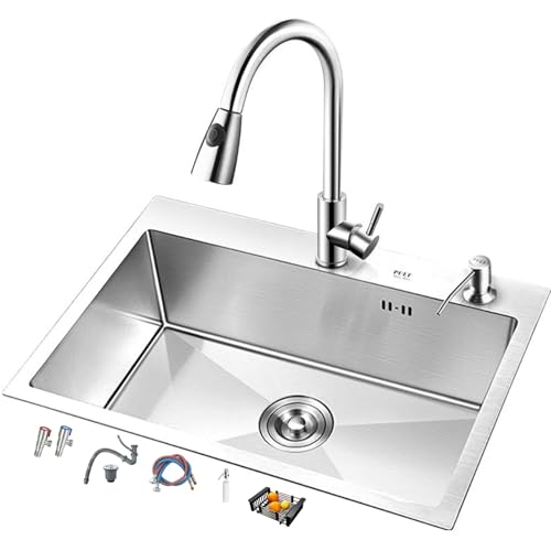 SXSLTSA Küche aus Edelstahl 304 mit ausziehbarem Wasserhahn, Einzelbecken, komplettes Zubehör inklusive, leicht zu reinigen, leises Design (55 x 45 x 20 cm) von SXSLTSA
