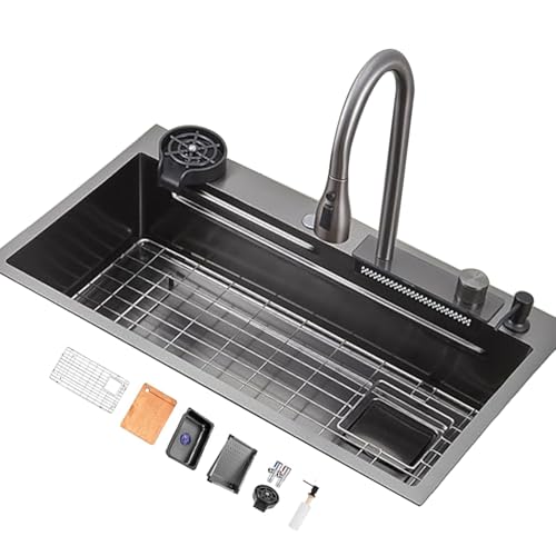 SXSLTSA Küche mit Wasserfall-Wasserhahn, Edelstahl 304, schwarz, Einzelbecken, multifunktional, sämtliches Zubehör inklusive (86 x 50 x 22 cm) von SXSLTSA