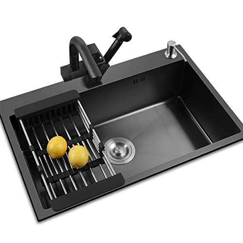 SXSLTSA Küchenarmatur, schwarz, große Einzelschüssel, Edelstahl, multifunktional, Wasserhahn, Oberfläche mit Nanobeschichtung, leicht zu reinigen (Farbe: Schwarz, Größe: 75 x 45 x 20 cm) von SXSLTSA