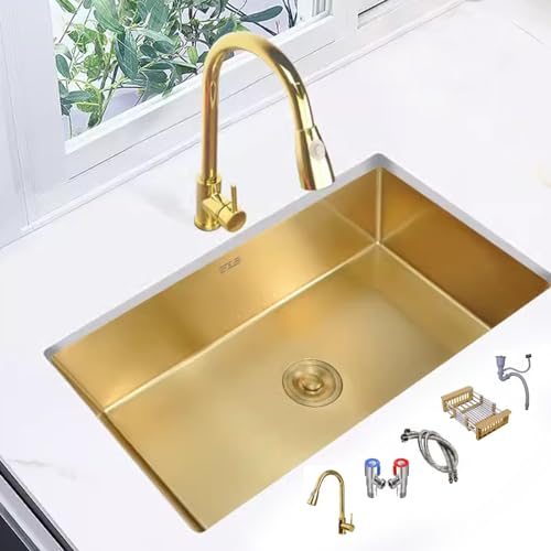 SXSLTSA Küchenarmatur aus goldenem Edelstahl, ausziehbar, Einzelbecken, unter der Theke, inkl. Zubehör (50 x 45 x 20 cm) von SXSLTSA