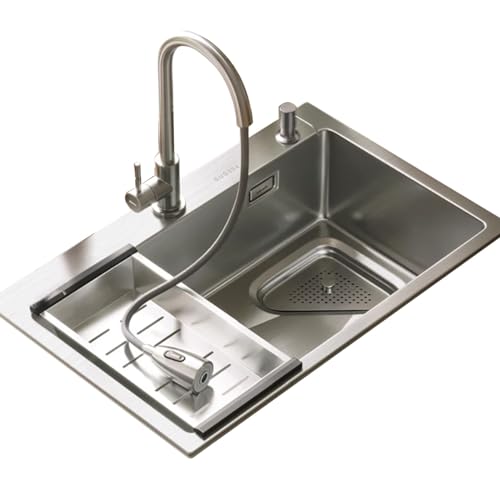 SXSLTSA Küchenspüle aus Edelstahl, Einzelbecken, silberner ausziehbarer Wasserhahn, verdickte Platte, komplettes Zubehör (75 x 45 x 22 cm) von SXSLTSA