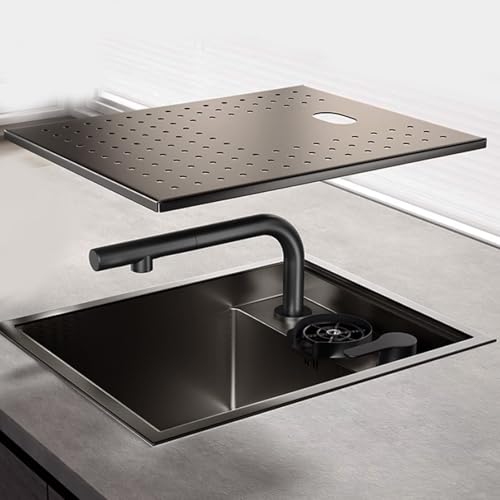 SXSLTSA Küchenspüle aus Edelstahl mit ausziehbarem und höhenverstellbarem Wasserhahn, 304, Unterbau/Aufbau, ölbeständige Mikrotextur, für Bar/Insel/Café (Schwarz, 52 x 40 x 21 cm) von SXSLTSA