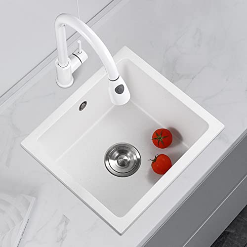 SXSLTSA Quadratischer Küchenunterbau aus weißem Quarzstein, inklusive Wasserhahn und Zubehör (Farbe: Weiß, Größe: 44 x 39 cm) von SXSLTSA