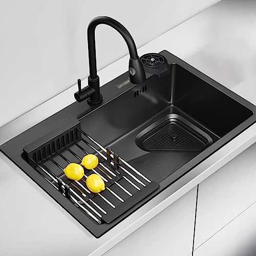 SXSLTSA Schwarze Küche mit Unterlegscheibe, Edelstahl-Einzelbecken, ausziehbarer Wasserhahn, Zubehör im Lieferumfang enthalten (Größe: 68 x 45 x 21 cm) von SXSLTSA